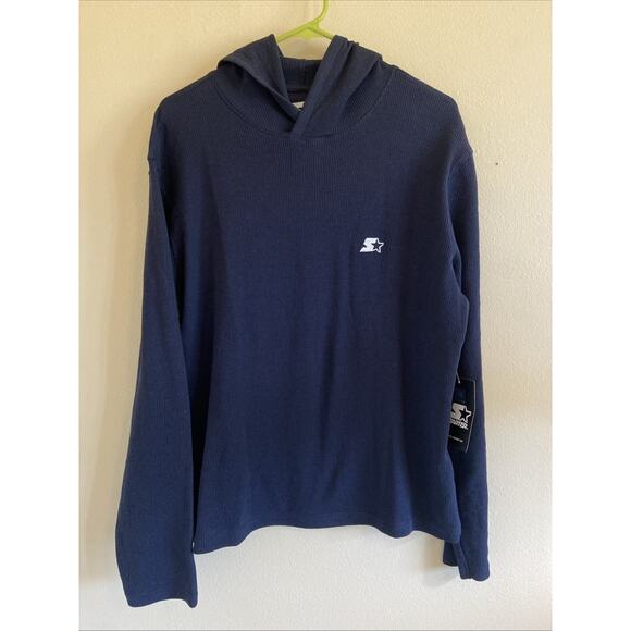 Starter Navy Blue Waffle Knit Hooded Sleepwear Lounge Top Shirt Large NEW NWT - Picture 1 of 6